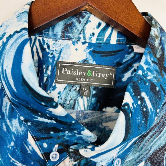 Mens Graphic Button Up Shirt Size XXL Blues Ocean Waves Slim Fit Paisley &‎ Gray - Picture 10 of 16